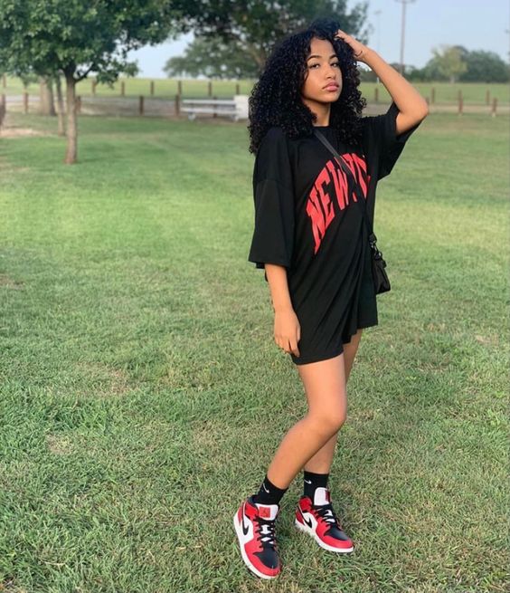 Black Oversized Tee with Red Jordans